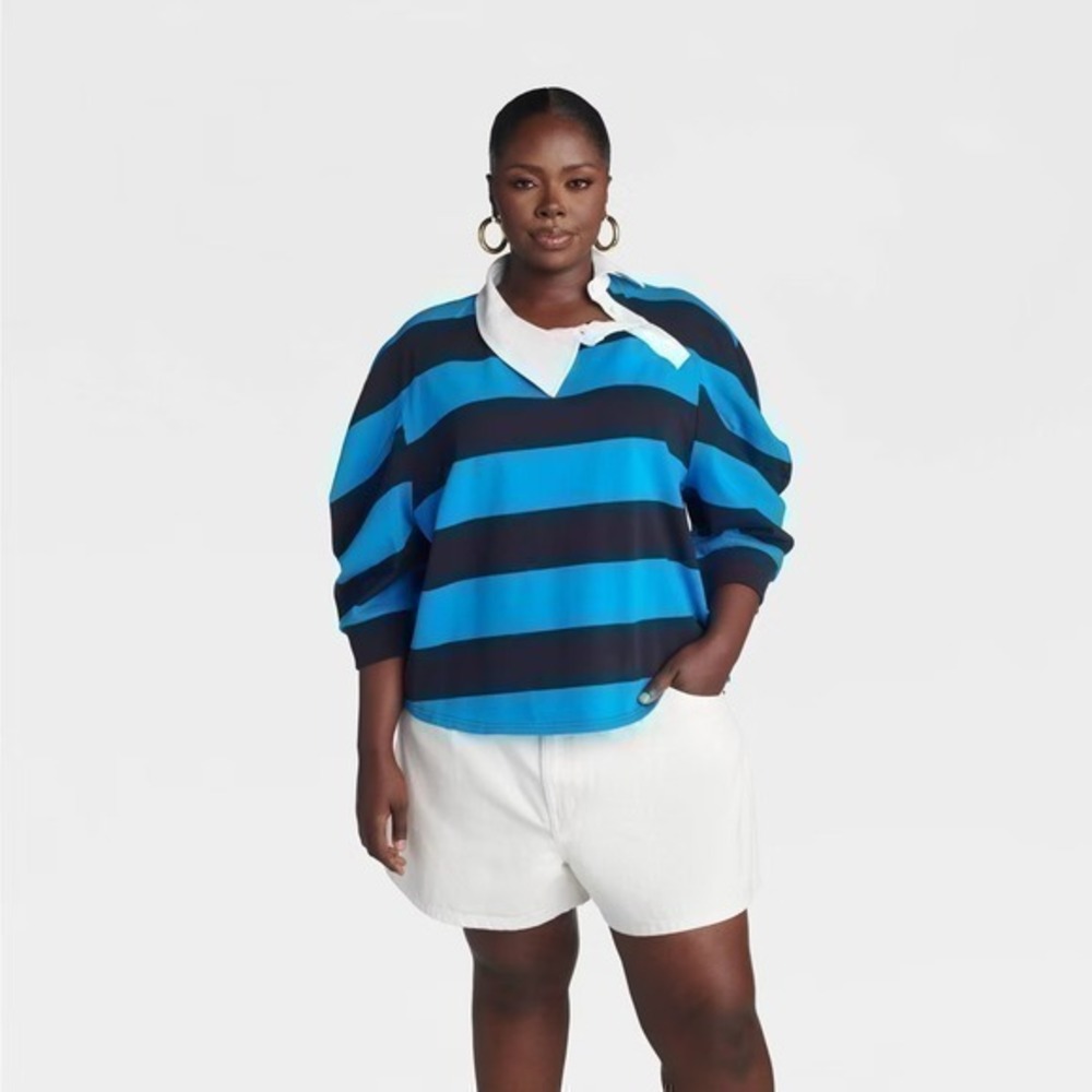KBB by KAHLANA x Target XXL 2 Extra Large Striped Asymmetrical Rugby Blue Polo